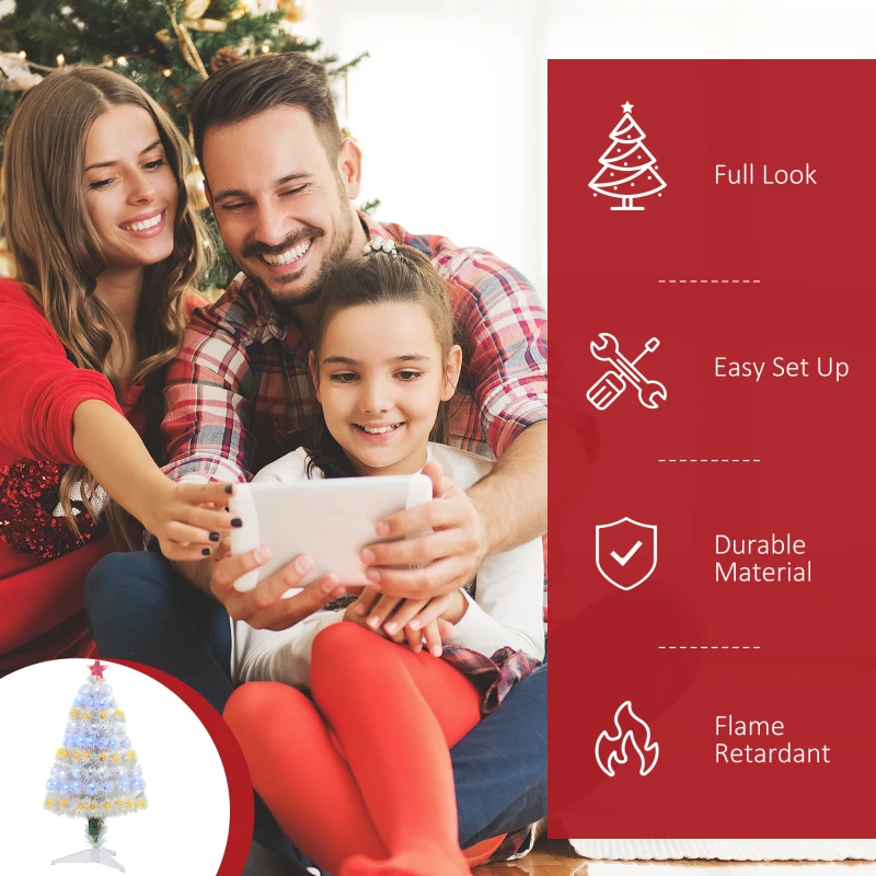 HOMCOM 3ft Tall Pre-Lit Douglas Fir Artificial Christmas Tree with Realistic Branches, 90 Multi-Color LED Lights, Fiber Optics, and 90 Tips, White