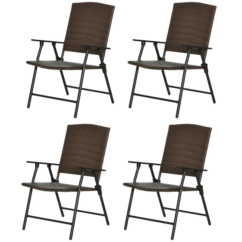 Outsunny Folding Patio Chair Set of 4, Rattan Folding Chairs with Armrest, Steel Frame for Outdoors, Camping, Brown