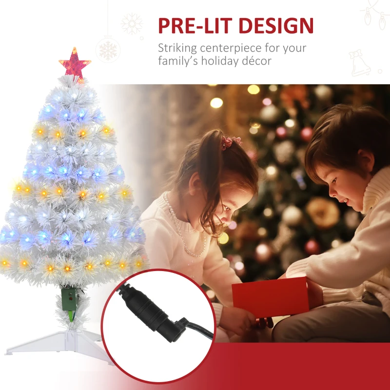 HOMCOM 3ft Tall Pre-Lit Douglas Fir Artificial Christmas Tree with Realistic Branches, 90 Multi-Color LED Lights, Fiber Optics, and 90 Tips, White
