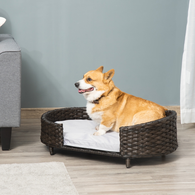 PawHut Rattan Pet Sofa, Raised Wicker Dog Bed, Cat Couch, with Soft Cushion Washable Cover, Indoor & Outdoor Use for Small & Medium Dog, Charcoal Grey