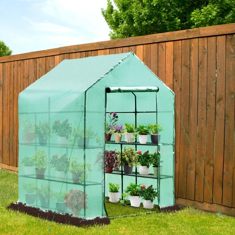 Outsunny 56" x 56" x 77" Walk-in Plant Greenhouse Portable Garden Flower Seed Warm House 8 Shelves Outdoor Plant Growth Hot House PE Cover Green