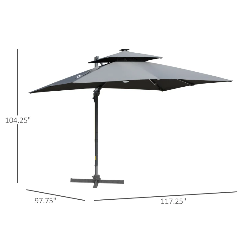 Outsunny 10FT Cantilever Patio Umbrella with Solar LED Lights & Power Bank, Double Top Outdoor Offset Umbrella with 360° Rotation, Tilt, Crank & Cross Base for Garden, Gray