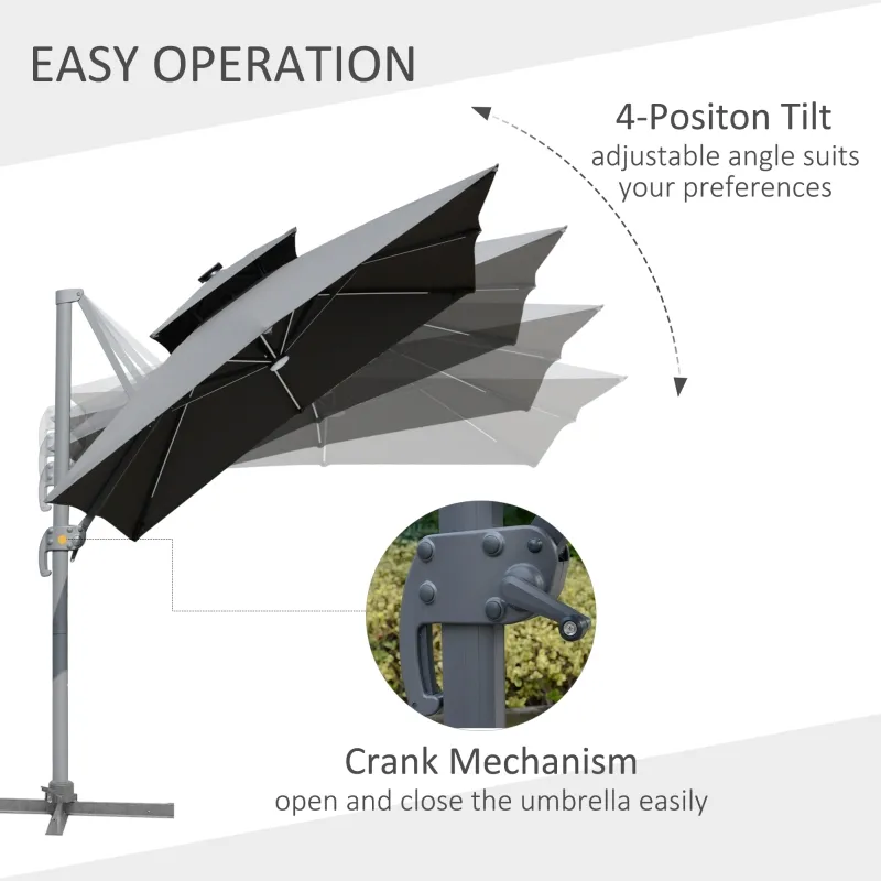 Outsunny 10FT Cantilever Patio Umbrella with Solar LED Lights & Power Bank, Double Top Outdoor Offset Umbrella with 360° Rotation, Tilt, Crank & Cross Base for Garden, Gray