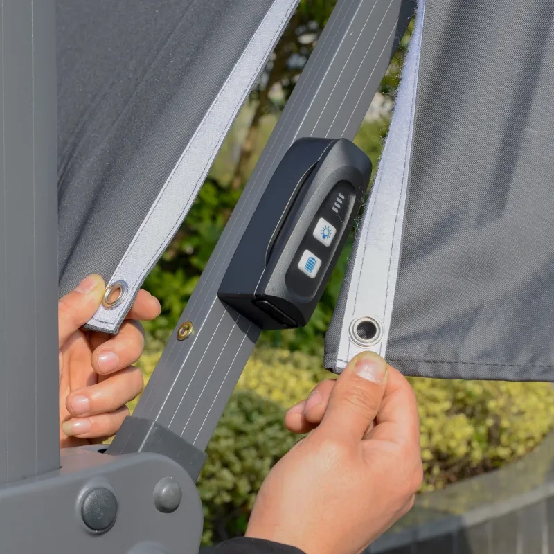 Outsunny 10FT Cantilever Patio Umbrella with Solar LED Lights & Power Bank, Double Top Outdoor Offset Umbrella with 360° Rotation, Tilt, Crank & Cross Base for Garden, Gray