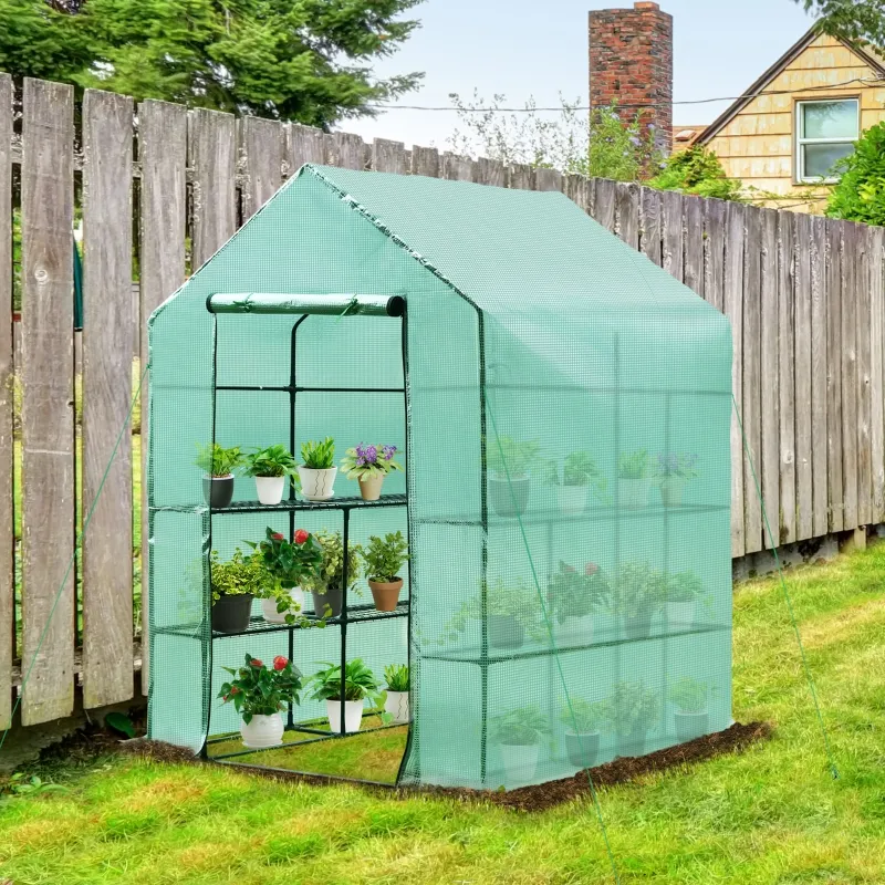 Outsunny 56" x 56" x 77" Walk-in Plant Greenhouse Portable Garden Flower Seed Warm House 8 Shelves Outdoor Plant Growth Hot House PE Cover Green