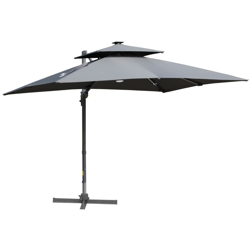 Outsunny 10FT Cantilever Patio Umbrella with Solar LED Lights & Power Bank, Double Top Outdoor Offset Umbrella with 360° Rotation, Tilt, Crank & Cross Base for Garden, Gray