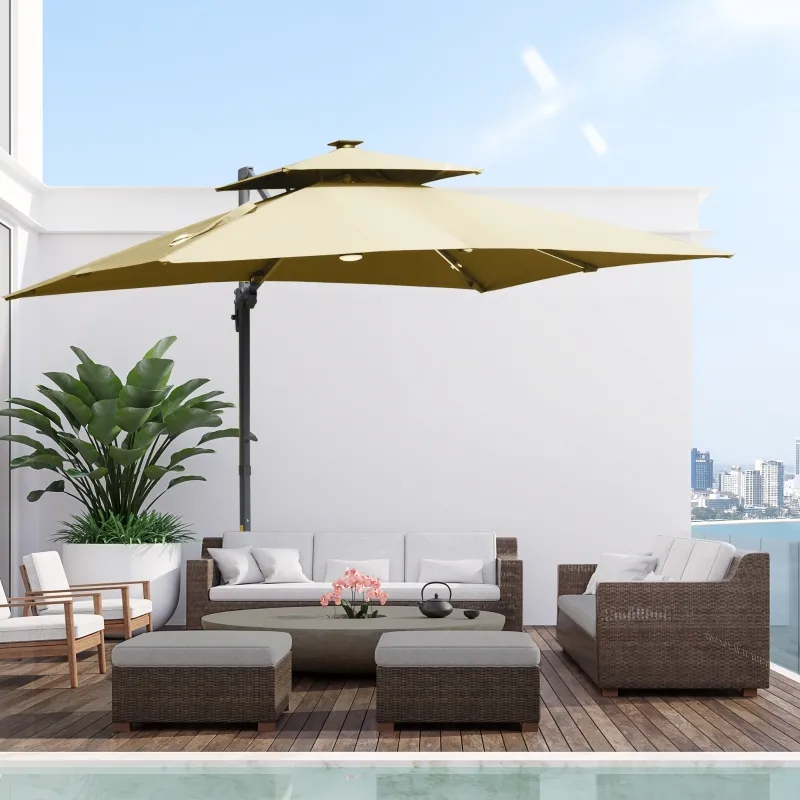 Outsunny 10FT Cantilever Umbrella with Solar LED, Power Bank, 360° Rotation, Tilt, Khaki