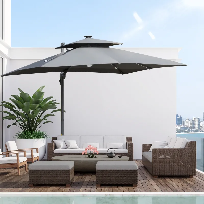 Outsunny 10FT Cantilever Patio Umbrella with Solar LED Lights & Power Bank, Double Top Outdoor Offset Umbrella with 360° Rotation, Tilt, Crank & Cross Base for Garden, Gray