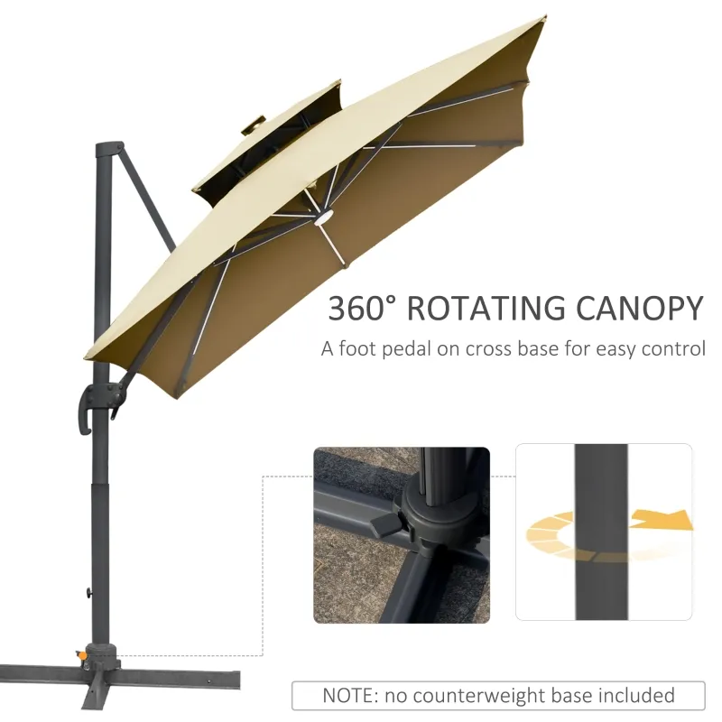 Outsunny 10FT Cantilever Umbrella with Solar LED, Power Bank, 360° Rotation, Tilt, Khaki