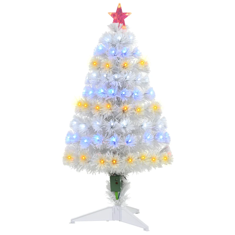HOMCOM 3ft Tall Pre-Lit Douglas Fir Artificial Christmas Tree with Realistic Branches, 90 Multi-Color LED Lights, Fiber Optics, and 90 Tips, White