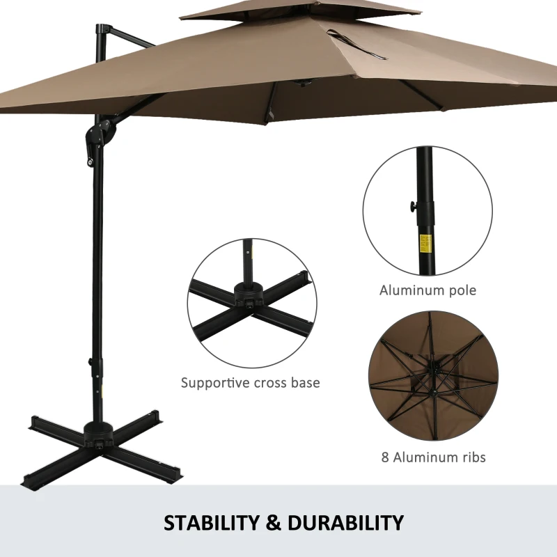 Outsunny 11Ft Patio Umbrella Outdoor Cantilever Offset Umbrella Aluminum Square Umbrella with Cross Base, 360° Rotation, 5 Adjustable Tilt Angles and Umbrella Cover for Garden Beach, Coffee