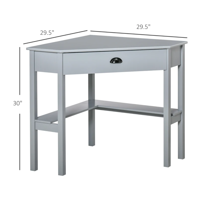 HOMCOM Corner Desk, Triangle Computer Desk with Drawer and Storage Shelves for Small Spaces, Home Office Workstation for Living Room, or Bedroom, Grey