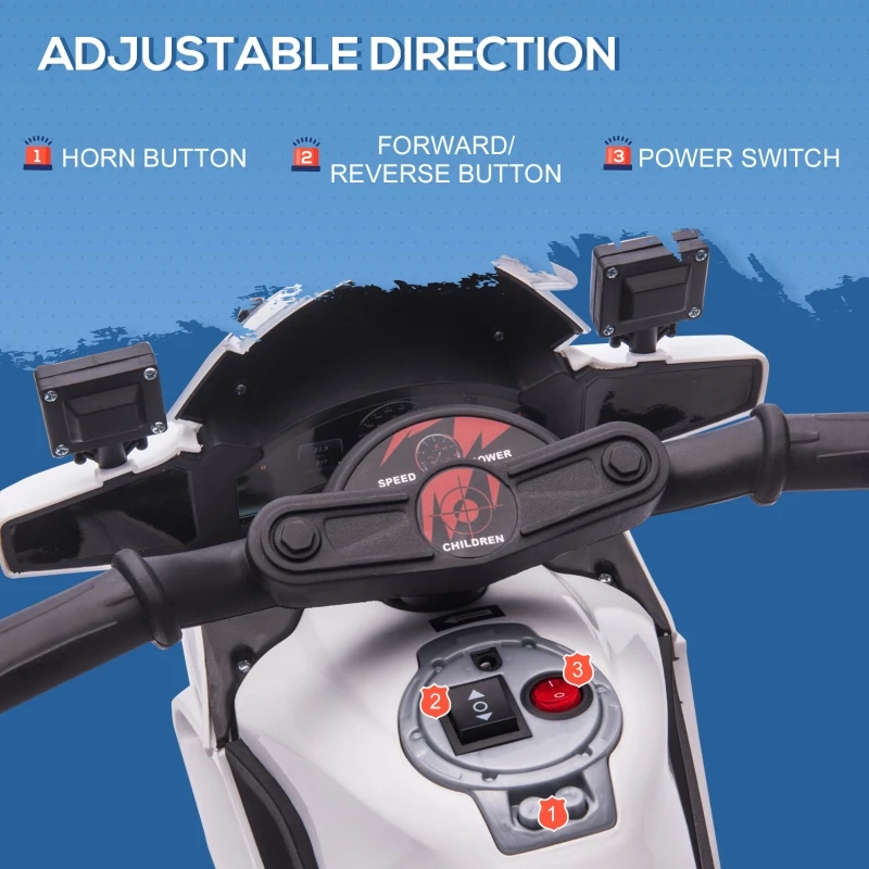 Aosom 6V Kids Motorcycle Police Electric Ride-On Dirt Bike Off-road Street Bike Battery Powered Rechargeable Horn Headlights Training Wheels Realistic Sounds for Girls and Boys 18 - 36 months White