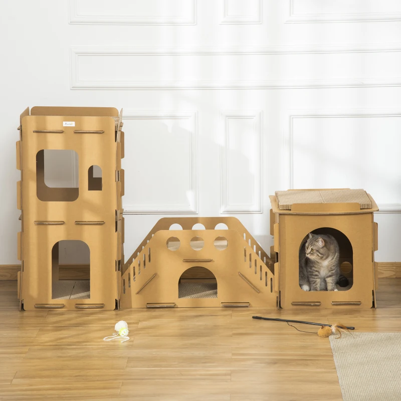 PawHut Cardboard Cat House DIY Cat Tree with Condos, Scratching Pad Board Hideaway Toy Pet Furniture, Brown