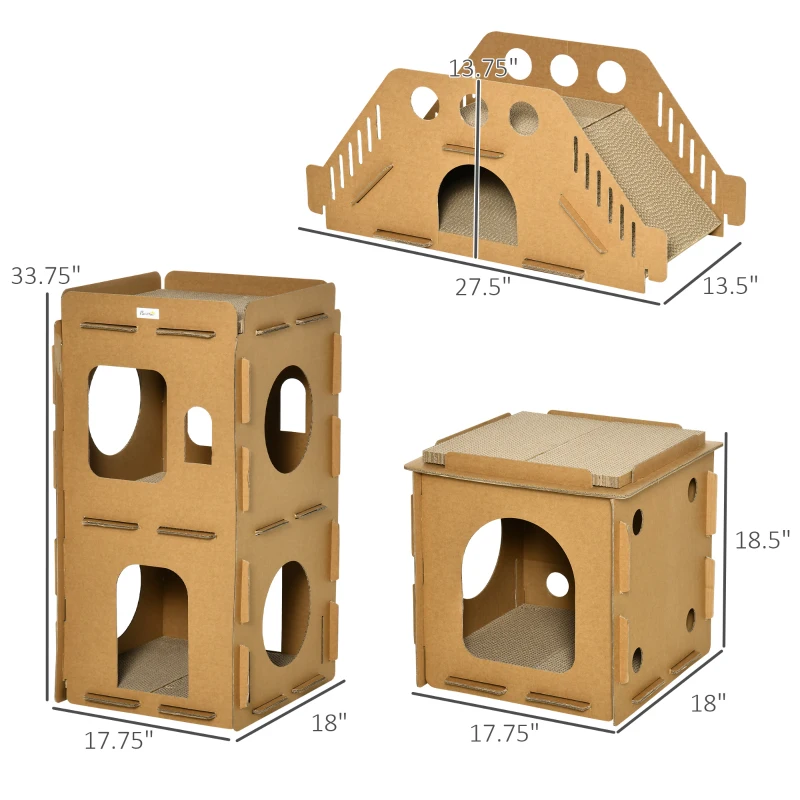 PawHut Cardboard Cat House DIY Cat Tree with Condos, Scratching Pad Board Hideaway Toy Pet Furniture, Brown