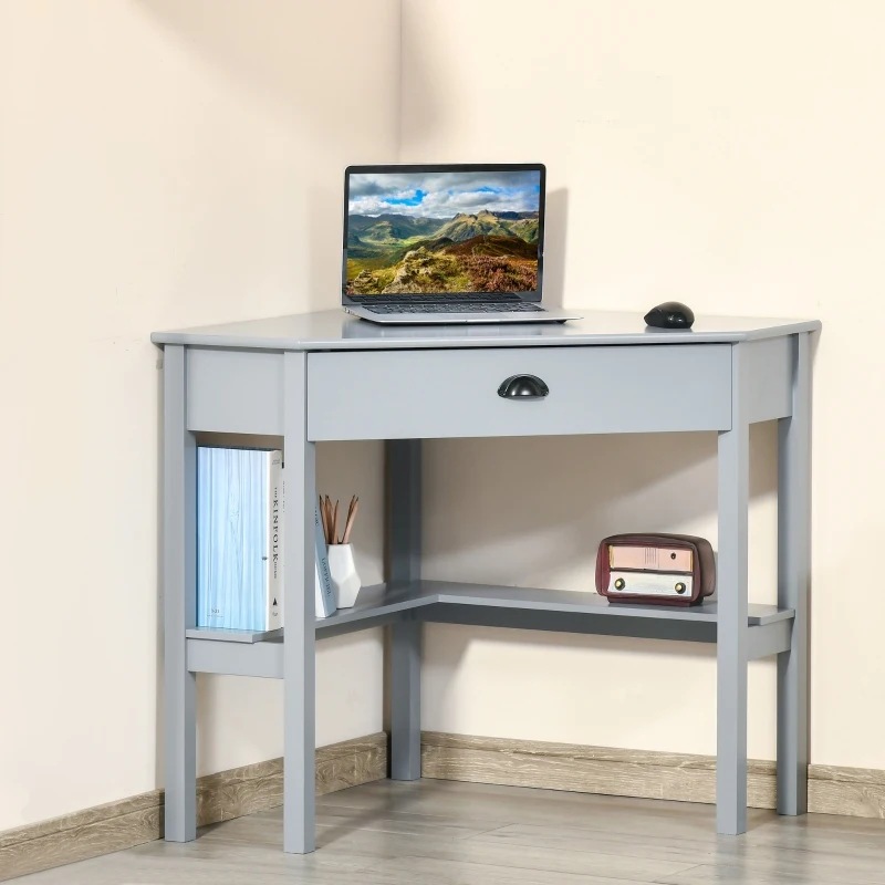 HOMCOM Corner Desk, Triangle Computer Desk with Drawer and Storage Shelves for Small Spaces, Home Office Workstation for Living Room, or Bedroom, Grey