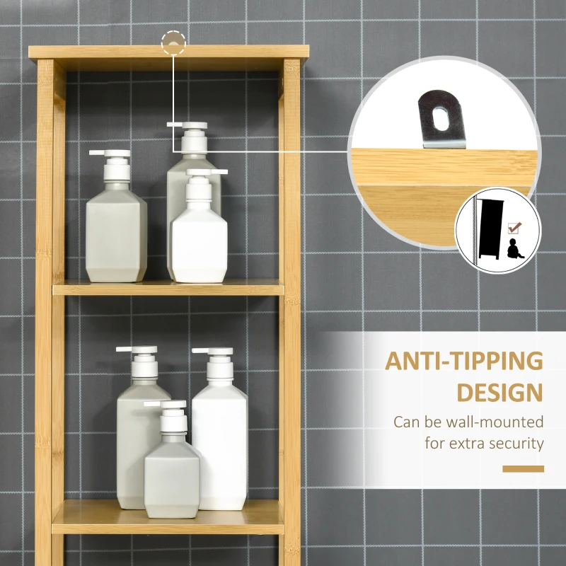 kleankin Bathroom Floor Cabinet with 3 Shelves and Cupboard, Slim and Freestanding Linen Tower with Storage, Natural