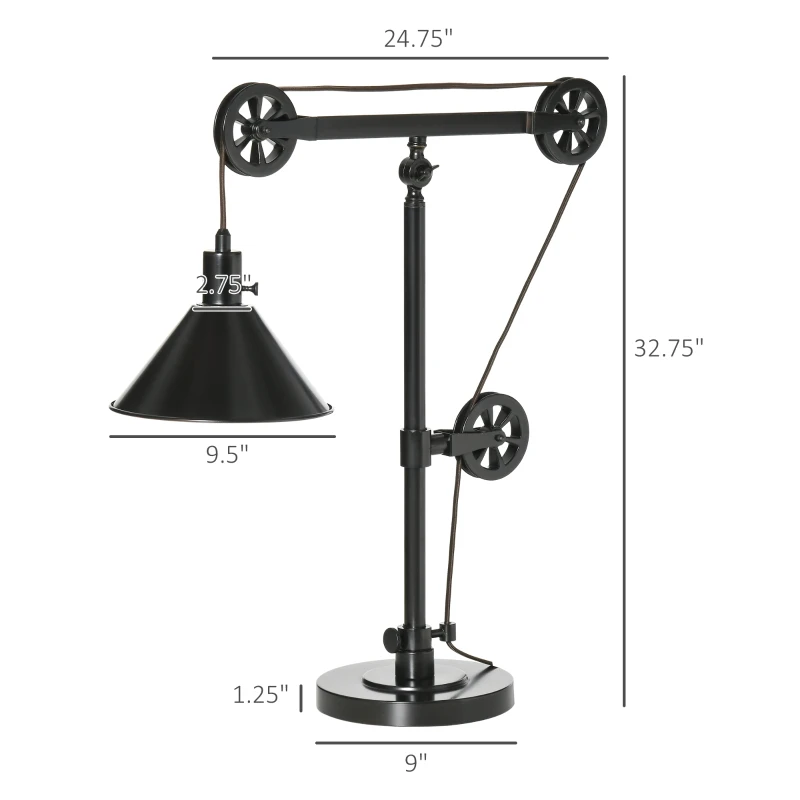 HOMCOM Industrial Table Lamp with Steel Frame, for LED Halogen Bulb, Bedside Lamp with Rotary Switch for Bedroom Living Room Study, Black