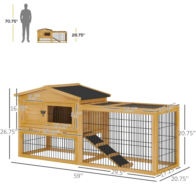PawHut 2 Levels Wooden Rabbit Hutch, Bunny Hutch House Guinea Pig Cage with Run Space, Removable Tray, Ramp & Waterproof Roof for Outdoor, Yellow