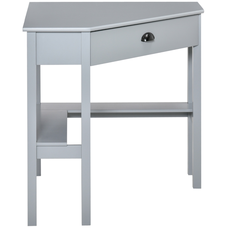 HOMCOM Corner Desk, Triangle Computer Desk with Drawer and Storage Shelves for Small Spaces, Home Office Workstation for Living Room, or Bedroom, Grey