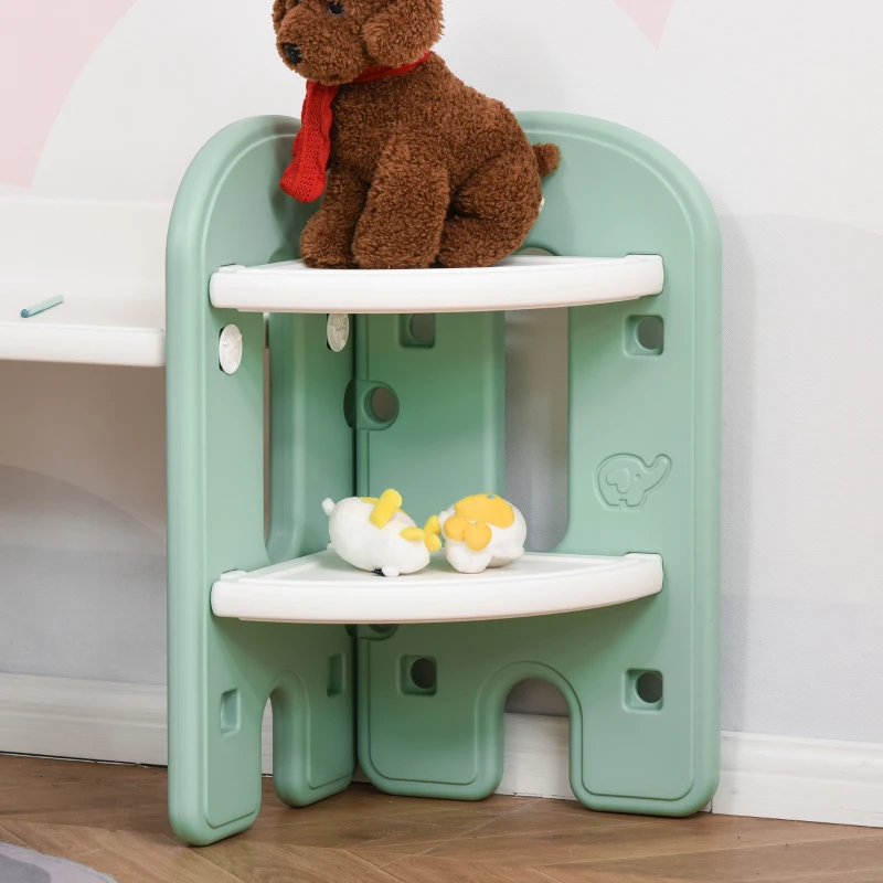 Qaba Kids Table and Chair Set, Activity Desk with Bookshelf & Storage for Study, Activities, Arts, or Crafts, Green and White