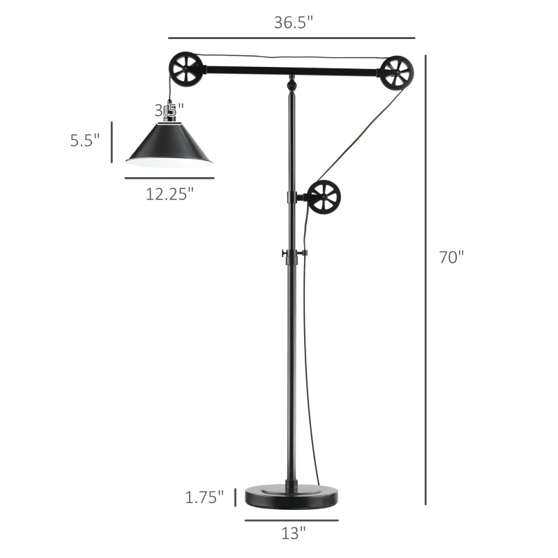 HOMCOM 70" Industrial Standing Reading Lamp with Steel Frame, for LED Halogen Bulb, Steampunk Tall Lamp with Rotary Switch for Bedroom Living Room Study, Black