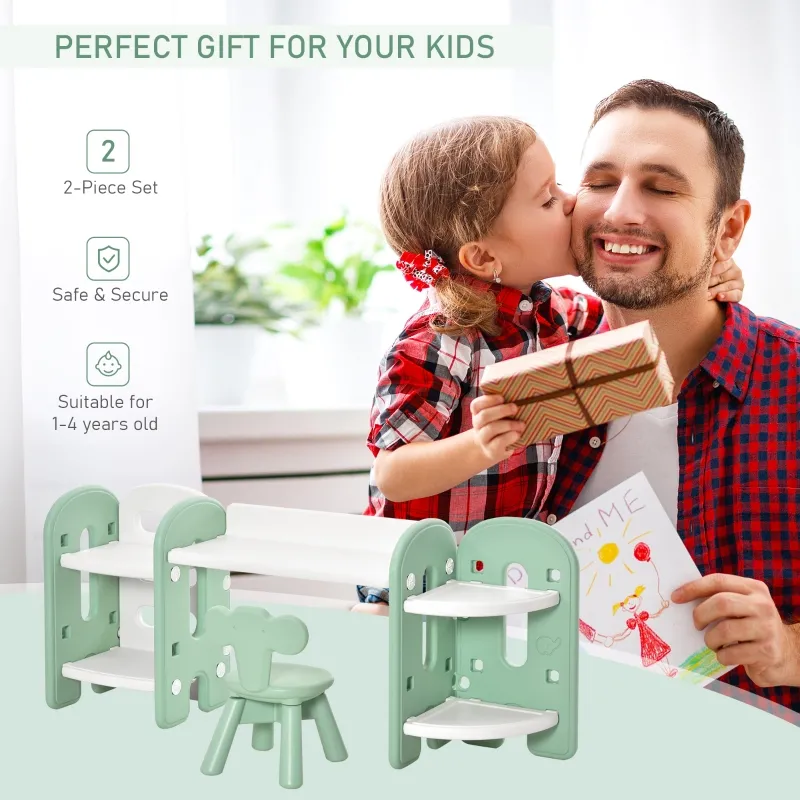 Qaba Kids Table and Chair Set, Activity Desk with Bookshelf & Storage for Study, Activities, Arts, or Crafts, Green and White