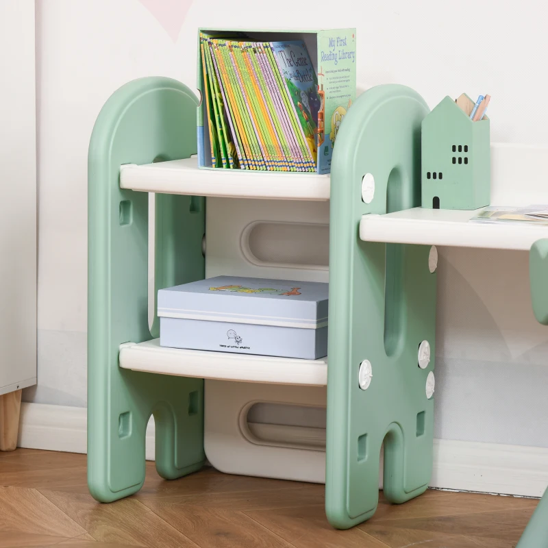 Qaba Kids Table and Chair Set, Activity Desk with Bookshelf & Storage for Study, Activities, Arts, or Crafts, Green and White