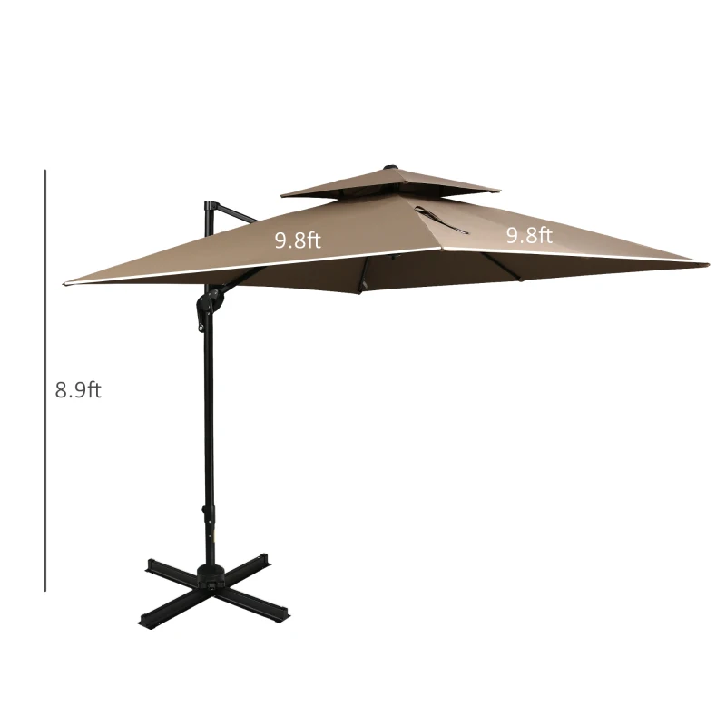 Outsunny 11Ft Patio Umbrella Outdoor Cantilever Offset Umbrella Aluminum Square Umbrella with Cross Base, 360° Rotation, 5 Adjustable Tilt Angles and Umbrella Cover for Garden Beach, Coffee