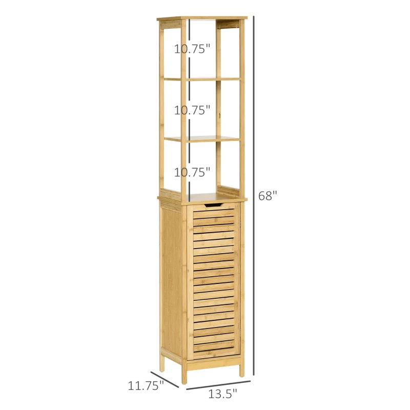 kleankin Bathroom Floor Cabinet with 3 Shelves and Cupboard, Slim and Freestanding Linen Tower with Storage, Natural