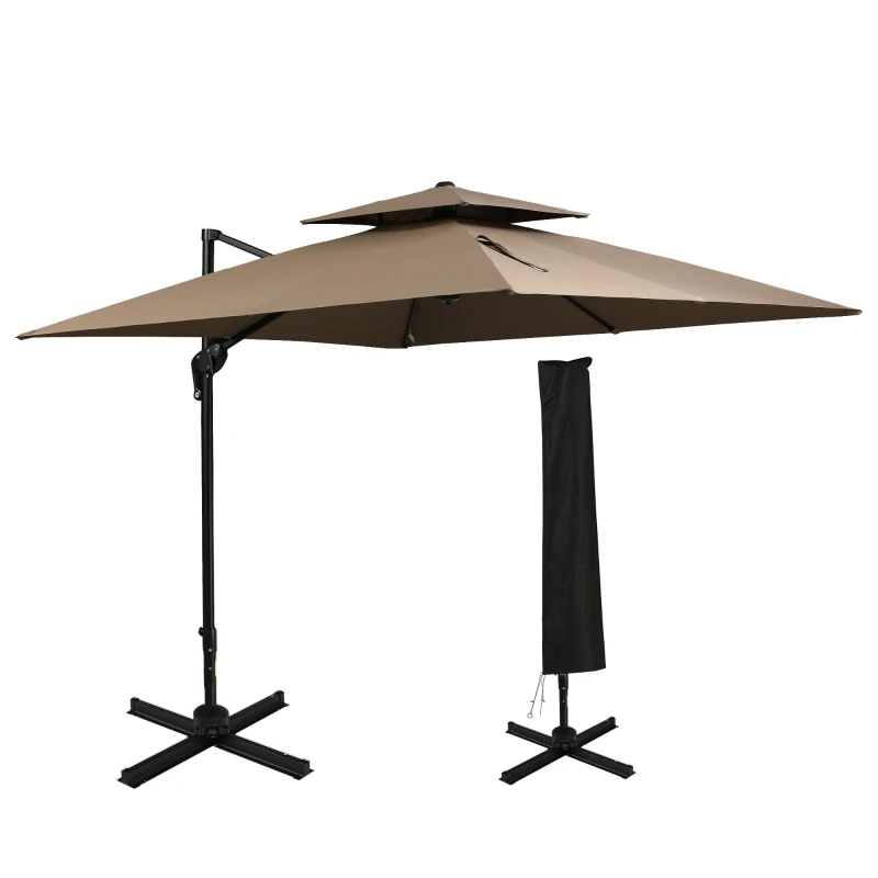 Outsunny 11Ft Patio Umbrella Outdoor Cantilever Offset Umbrella Aluminum Square Umbrella with Cross Base, 360° Rotation, 5 Adjustable Tilt Angles and Umbrella Cover for Garden Beach, Coffee