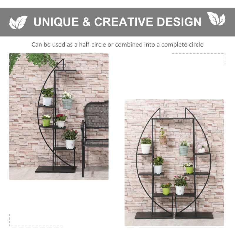 Outsunny 5 Tier Metal Plant Stand, Half Moon Shape Curved Flower Pot Holder Shelf, 2 Pack, Black