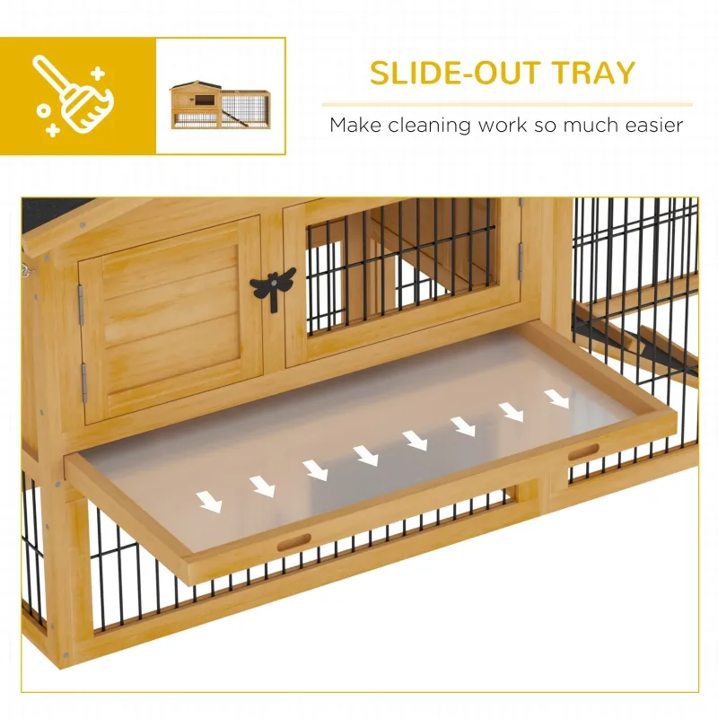 PawHut 2 Levels Wooden Rabbit Hutch, Bunny Hutch House Guinea Pig Cage with Run Space, Removable Tray, Ramp & Waterproof Roof for Outdoor, Yellow