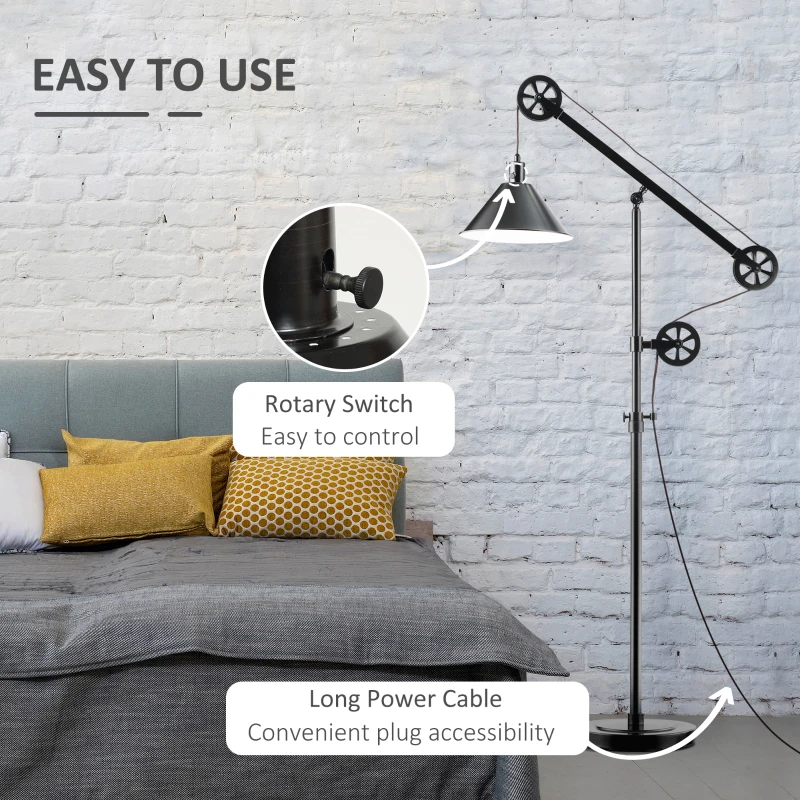 HOMCOM 70" Industrial Standing Reading Lamp with Steel Frame, for LED Halogen Bulb, Steampunk Tall Lamp with Rotary Switch for Bedroom Living Room Study, Black