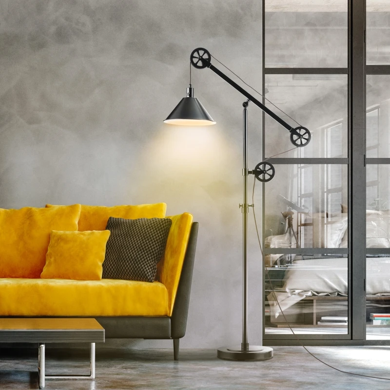 HOMCOM 70" Industrial Standing Reading Lamp with Steel Frame, for LED Halogen Bulb, Steampunk Tall Lamp with Rotary Switch for Bedroom Living Room Study, Black