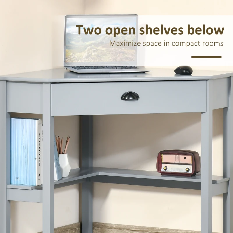 HOMCOM Corner Desk, Triangle Computer Desk with Drawer and Storage Shelves for Small Spaces, Home Office Workstation for Living Room, or Bedroom, Grey
