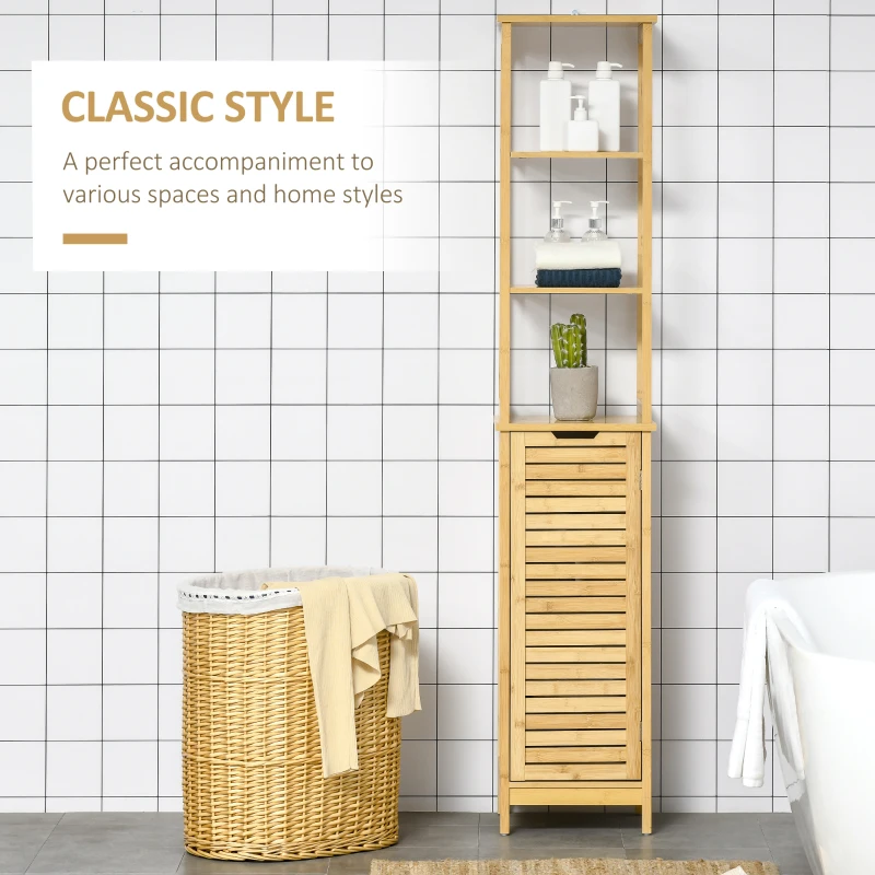 kleankin Bathroom Floor Cabinet with 3 Shelves and Cupboard, Slim and Freestanding Linen Tower with Storage, Natural