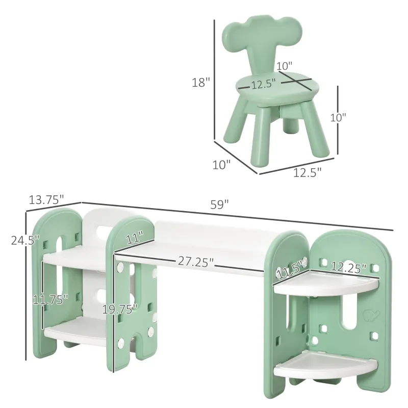 Qaba Kids Table and Chair Set, Activity Desk with Bookshelf & Storage for Study, Activities, Arts, or Crafts, Green and White