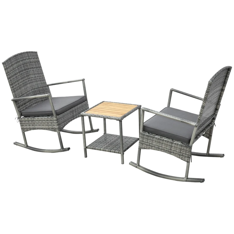 Outsunny 3 Piece Outdoor PE Rattan Rocking Chair Set, Patio Wicker Recliner Rocker Chair with Soft Cushion & Nature Wood Top Coffee Table, Gray
