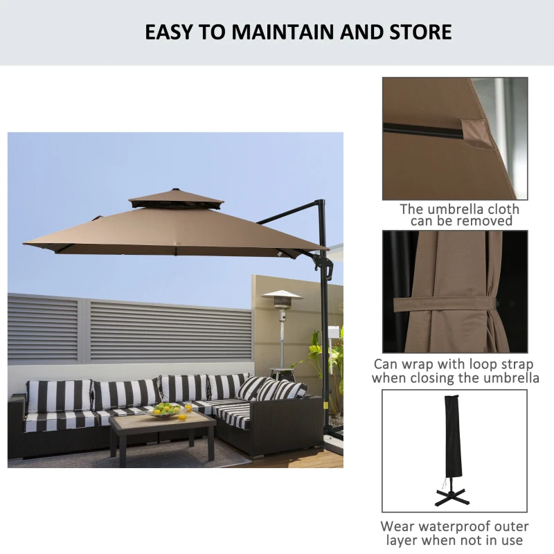 Outsunny 11Ft Patio Umbrella Outdoor Cantilever Offset Umbrella Aluminum Square Umbrella with Cross Base, 360° Rotation, 5 Adjustable Tilt Angles and Umbrella Cover for Garden Beach, Coffee