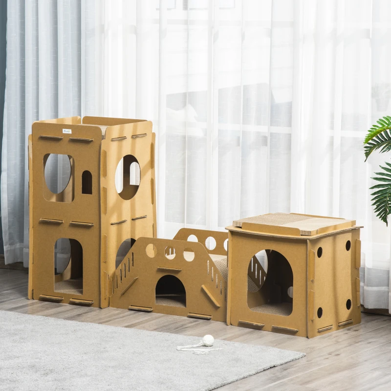 PawHut Cardboard Cat House DIY Cat Tree with Condos, Scratching Pad Board Hideaway Toy Pet Furniture, Brown