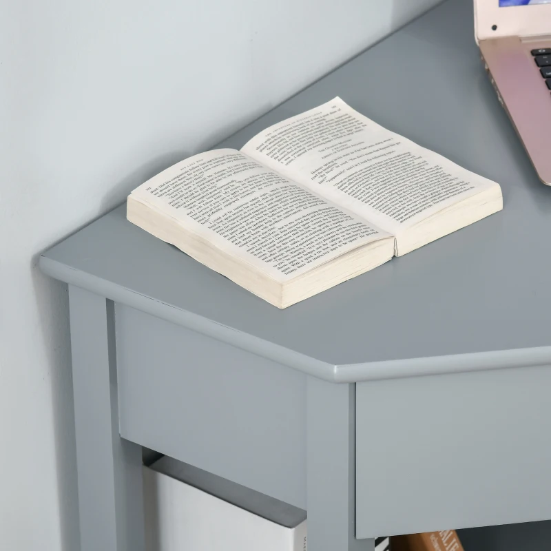 HOMCOM Corner Desk, Triangle Computer Desk with Drawer and Storage Shelves for Small Spaces, Home Office Workstation for Living Room, or Bedroom, Grey