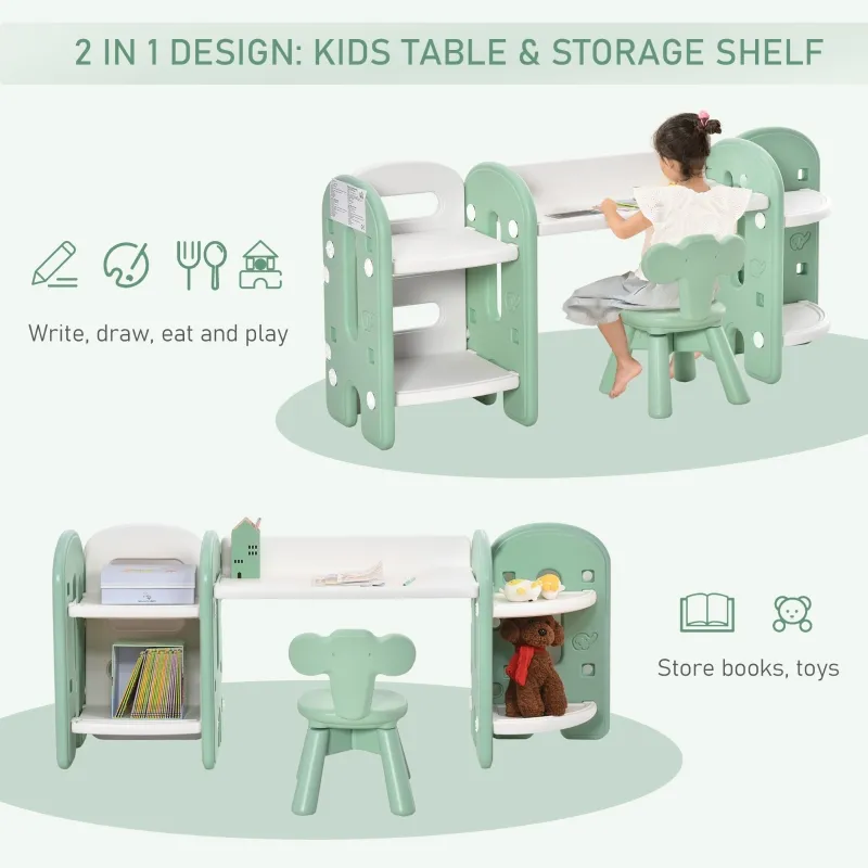Qaba Kids Table and Chair Set, Activity Desk with Bookshelf & Storage for Study, Activities, Arts, or Crafts, Green and White