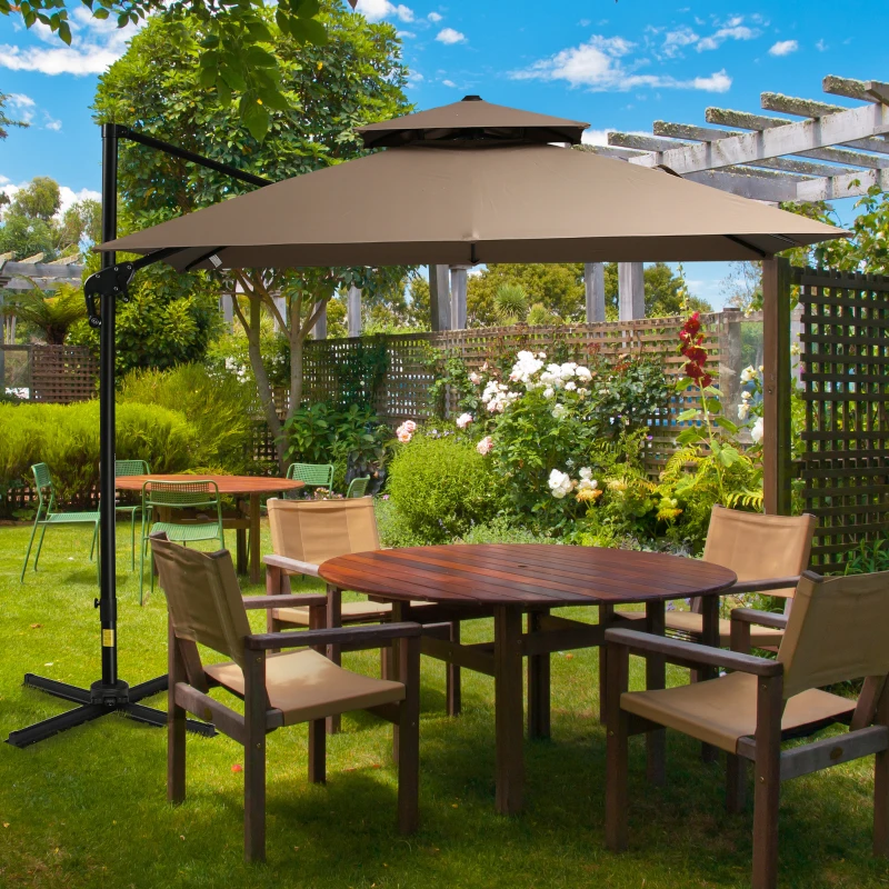 Outsunny 11Ft Patio Umbrella Outdoor Cantilever Offset Umbrella Aluminum Square Umbrella with Cross Base, 360° Rotation, 5 Adjustable Tilt Angles and Umbrella Cover for Garden Beach, Coffee