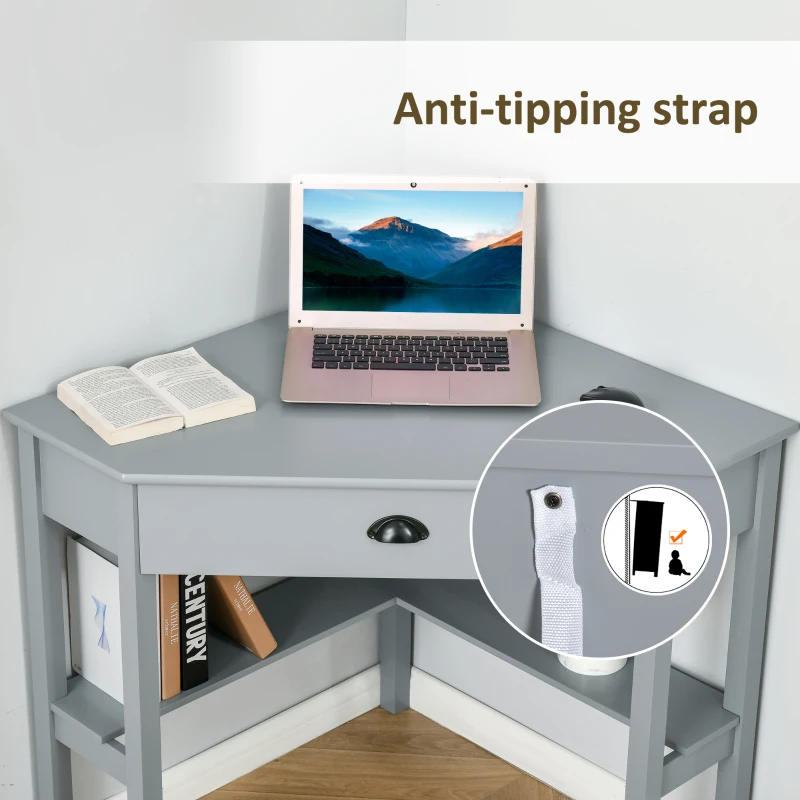 HOMCOM Corner Desk, Triangle Computer Desk with Drawer and Storage Shelves for Small Spaces, Home Office Workstation for Living Room, or Bedroom, Grey