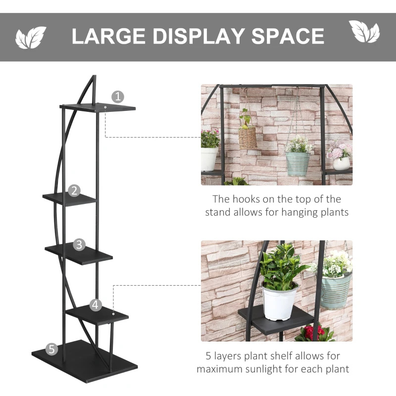 Outsunny 5 Tier Metal Plant Stand, Half Moon Shape Curved Flower Pot Holder Shelf, 2 Pack, Black