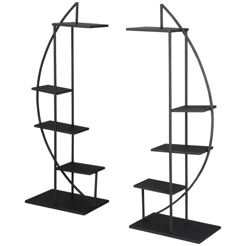 Outsunny 5 Tier Metal Plant Stand, Half Moon Shape Curved Flower Pot Holder Shelf, 2 Pack, Black
