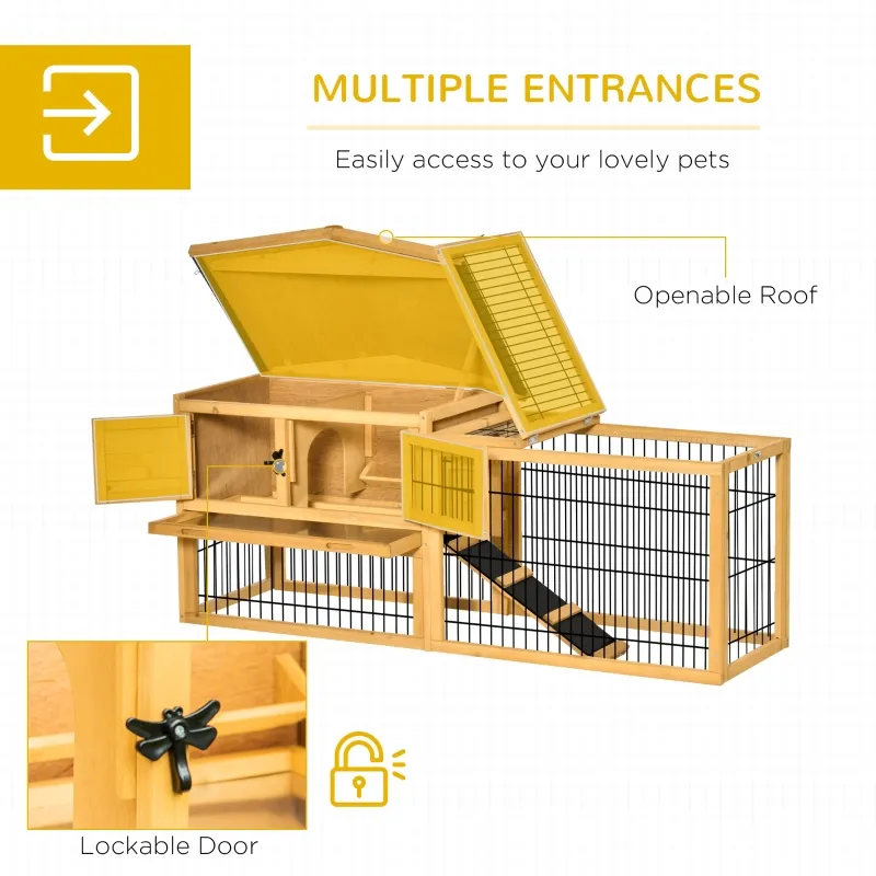 PawHut 2 Levels Wooden Rabbit Hutch, Bunny Hutch House Guinea Pig Cage with Run Space, Removable Tray, Ramp & Waterproof Roof for Outdoor, Yellow