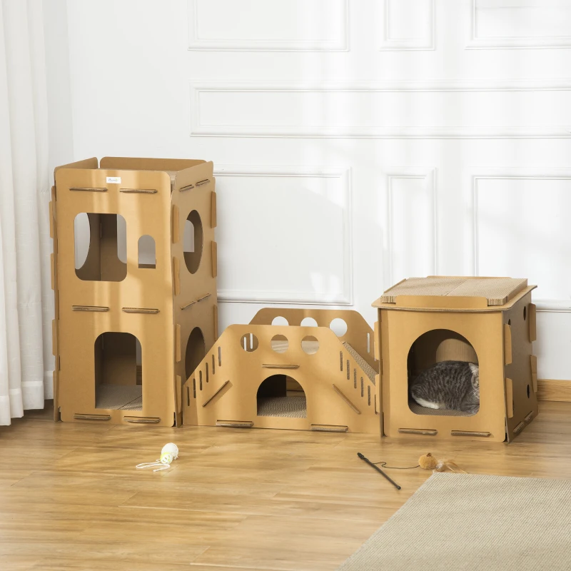 PawHut Cardboard Cat House DIY Cat Tree with Condos, Scratching Pad Board Hideaway Toy Pet Furniture, Brown