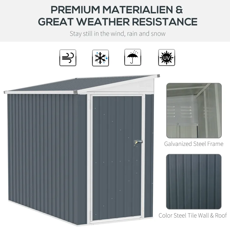 Outsunny 4' x 7.6' Lean to Garden Storage Shed, Outdoor Metal Tool House with Lockable Door Vents for Backyard Patio Lawn, Gray
